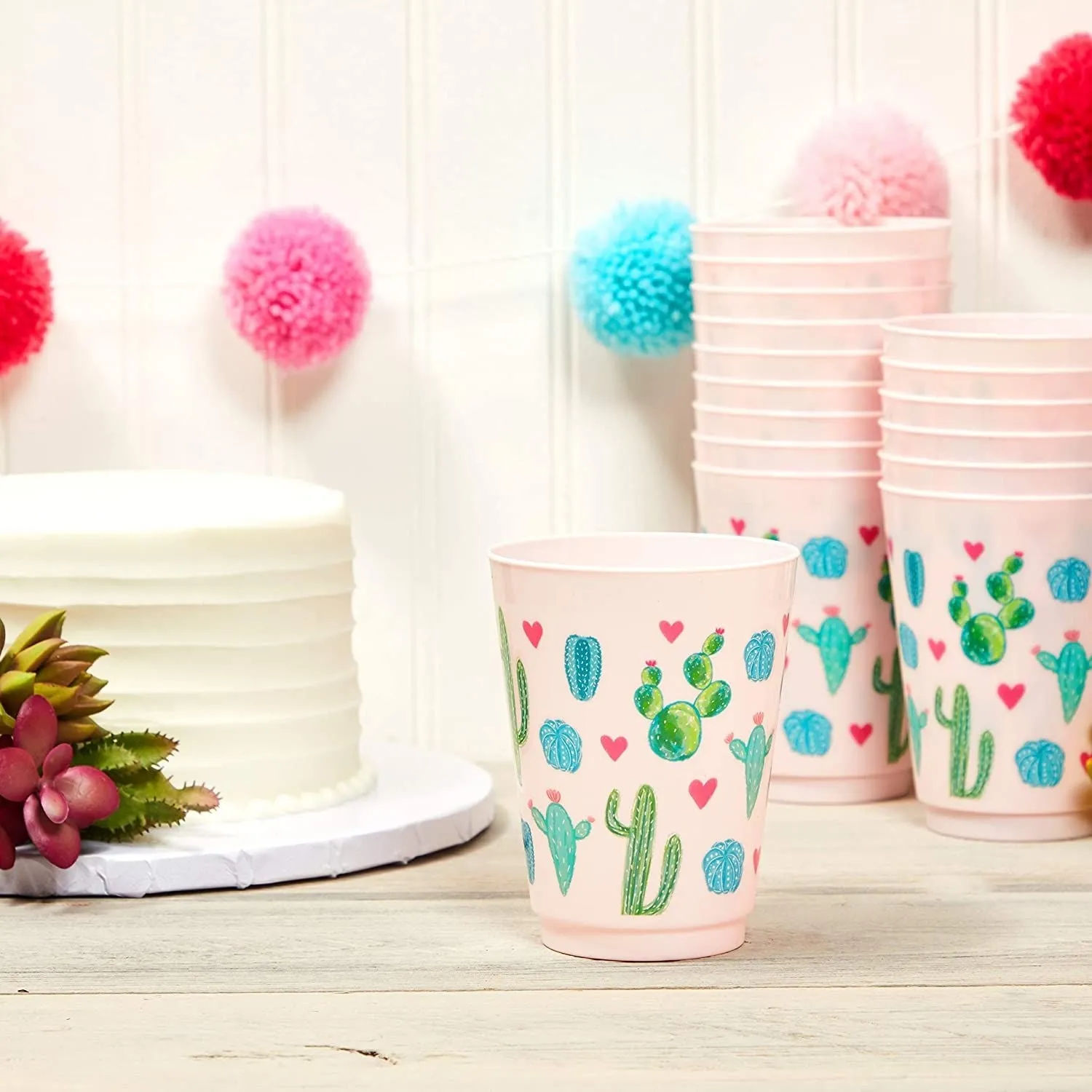 16 oz Plastic Cactus Tumbler Cups, Fiesta Party Supplies (Pink, 16 Pack)