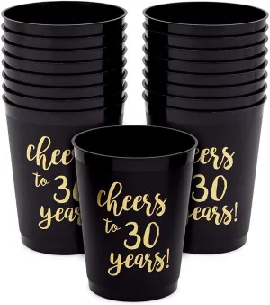 16 Pack Cheers to 30 Years Plastic Party Cups - 30th Birthday Decorations for Men and Women, Anniversaries (Black, 16 oz)