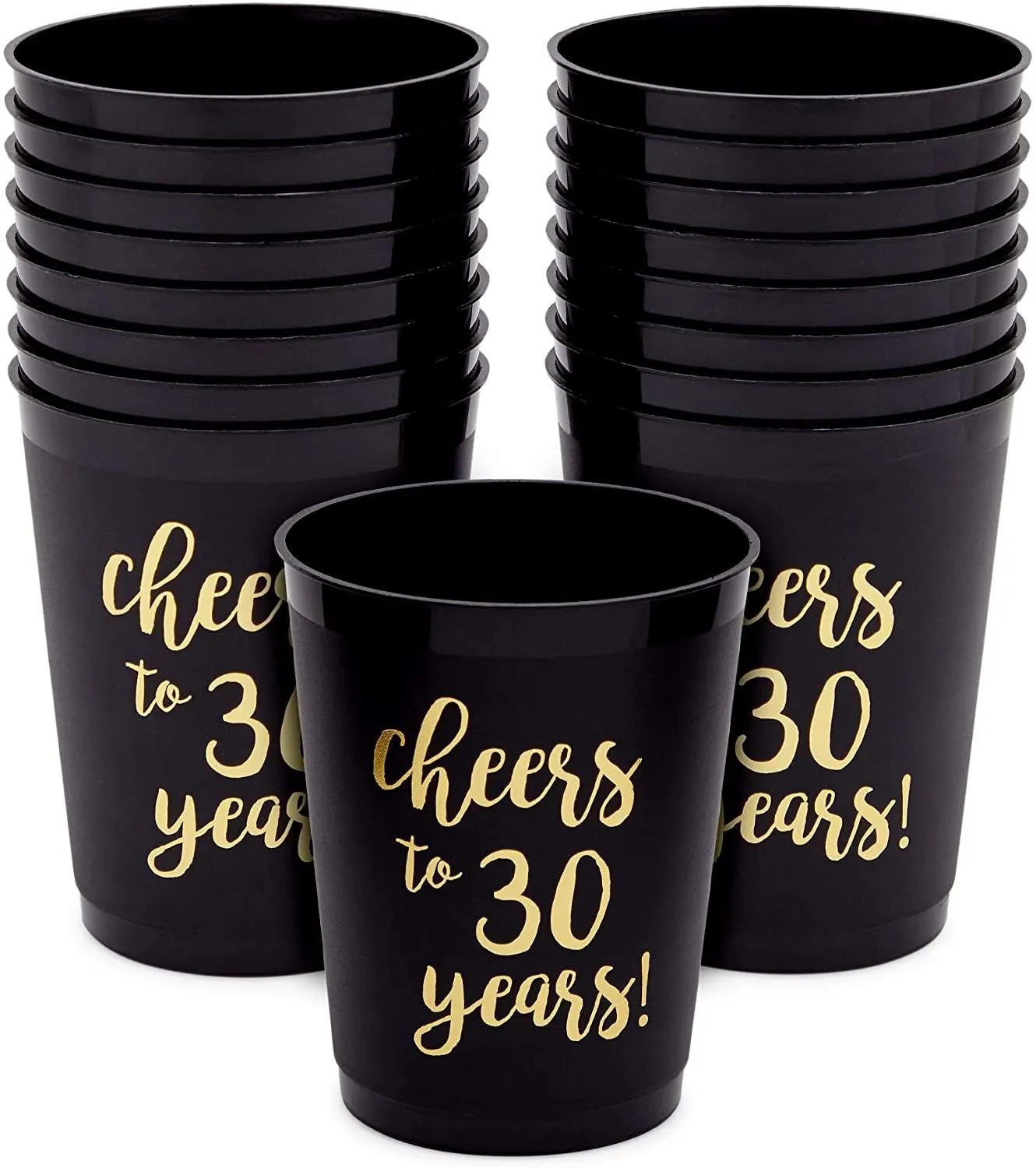 16 Pack Cheers to 30 Years Plastic Party Cups - 30th Birthday Decorations for Men and Women, Anniversaries (Black, 16 oz)