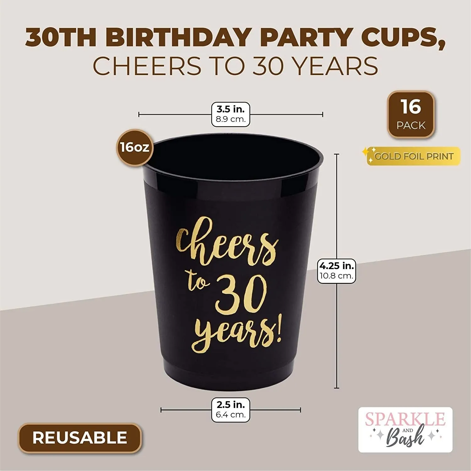 16 Pack Cheers to 30 Years Plastic Party Cups - 30th Birthday Decorations for Men and Women, Anniversaries (Black, 16 oz)