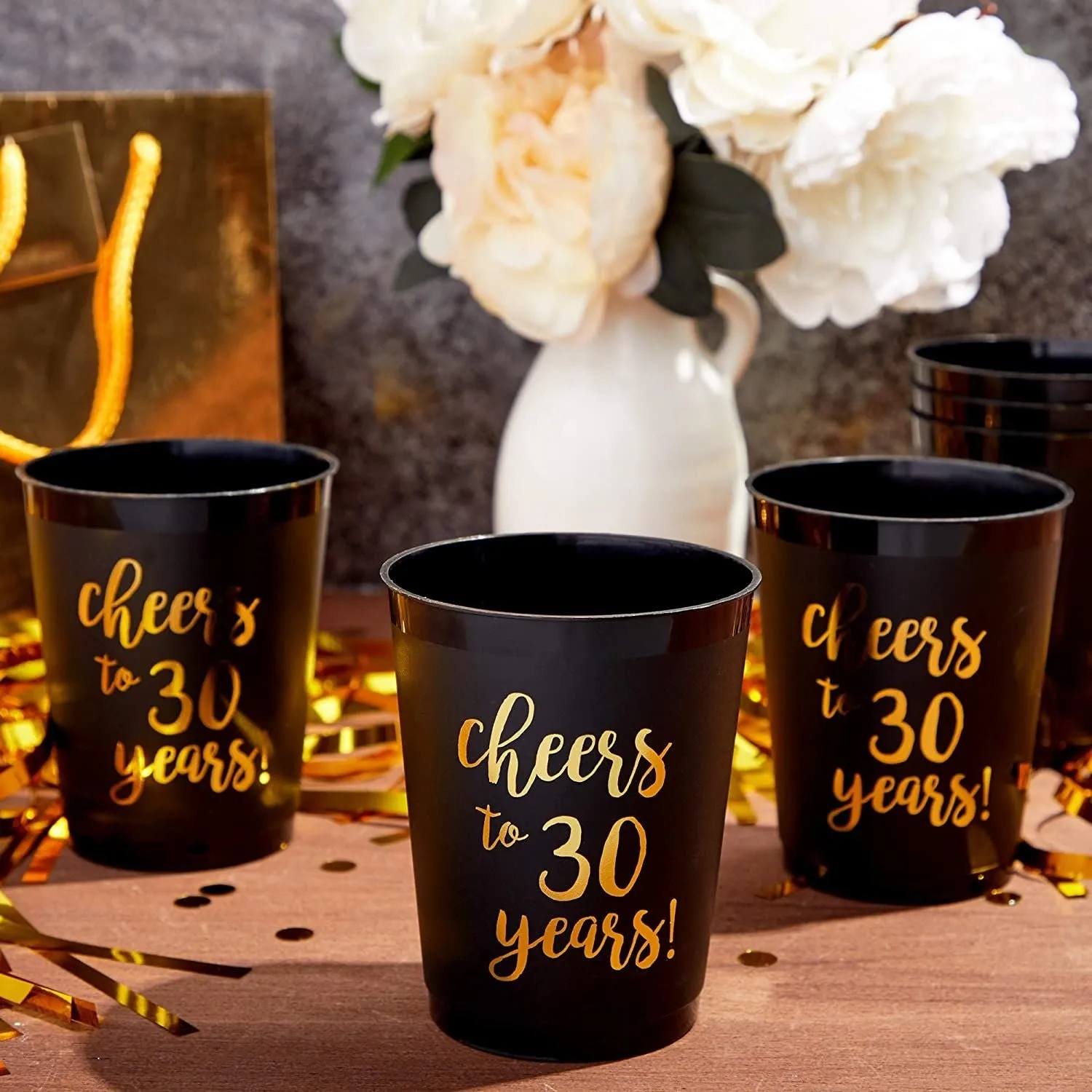 16 Pack Cheers to 30 Years Plastic Party Cups - 30th Birthday Decorations for Men and Women, Anniversaries (Black, 16 oz)