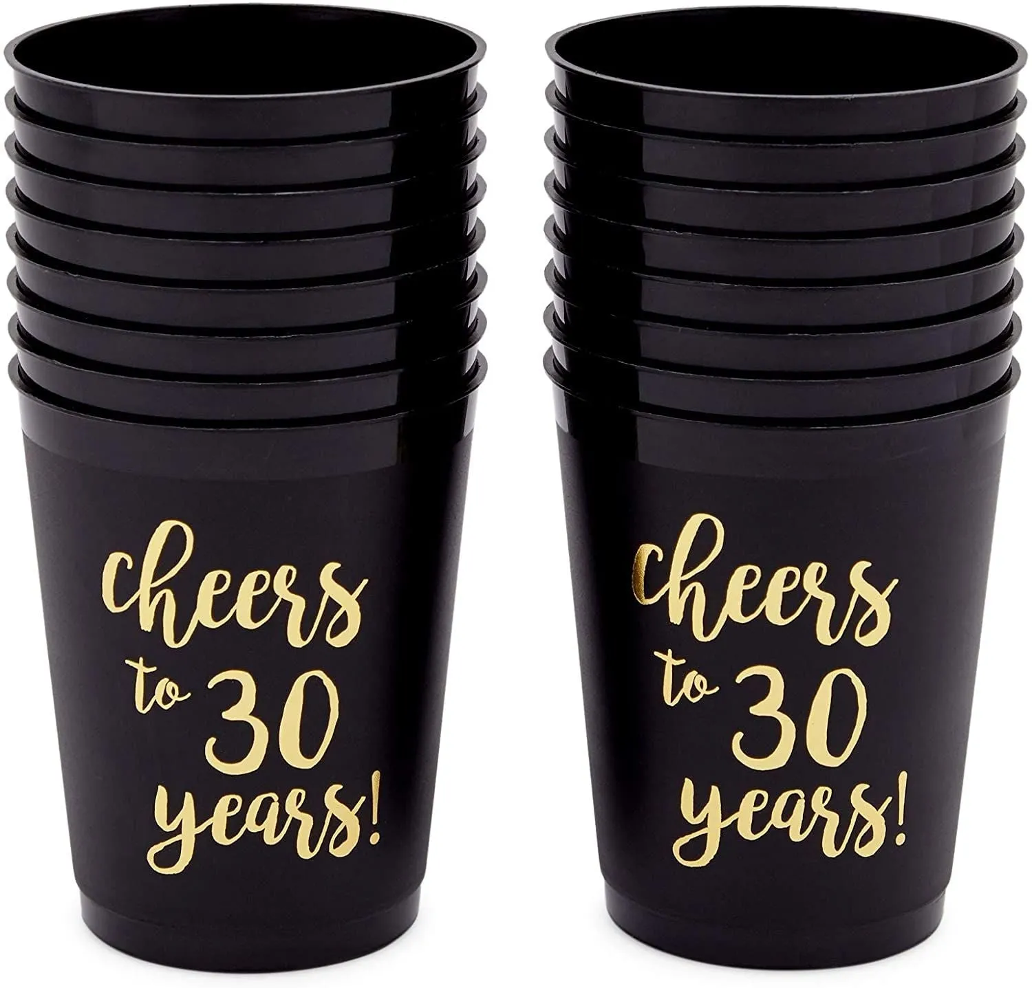 16 Pack Cheers to 30 Years Plastic Party Cups - 30th Birthday Decorations for Men and Women, Anniversaries (Black, 16 oz)