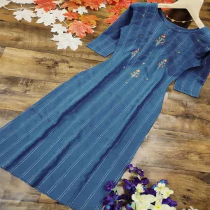 Adorning Blue Colored Party Wear Embroidered Cotton Kurti