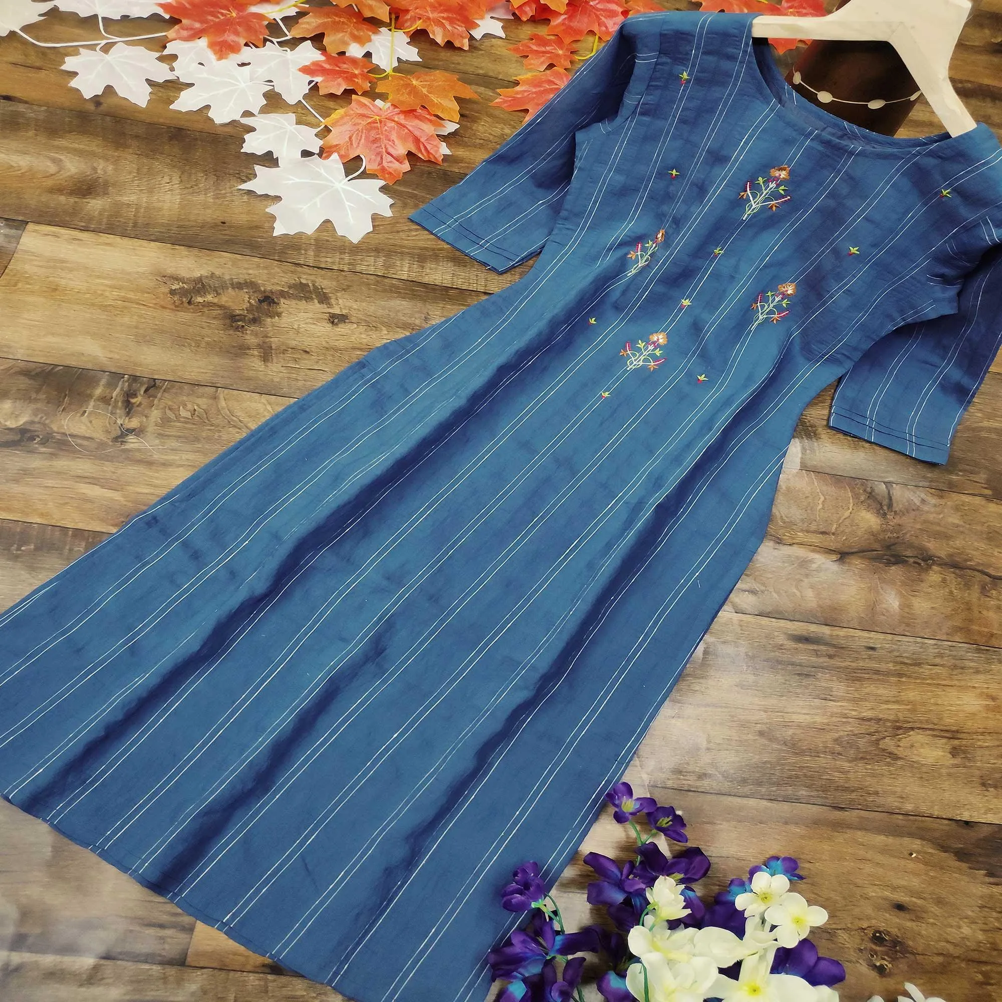 Adorning Blue Colored Party Wear Embroidered Cotton Kurti