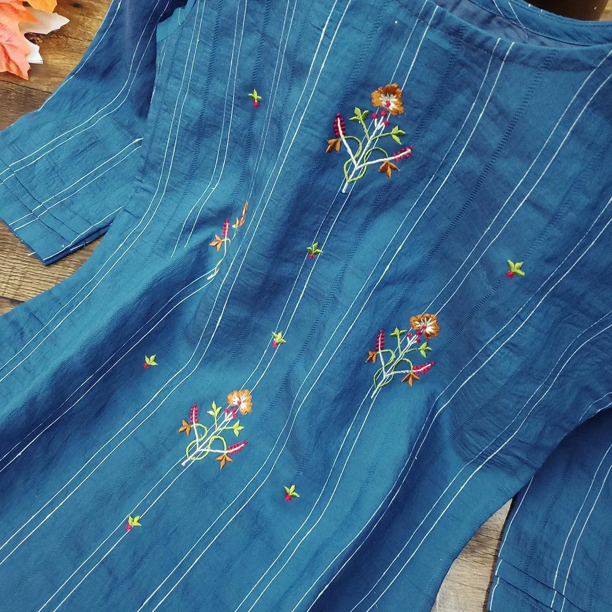 Adorning Blue Colored Party Wear Embroidered Cotton Kurti