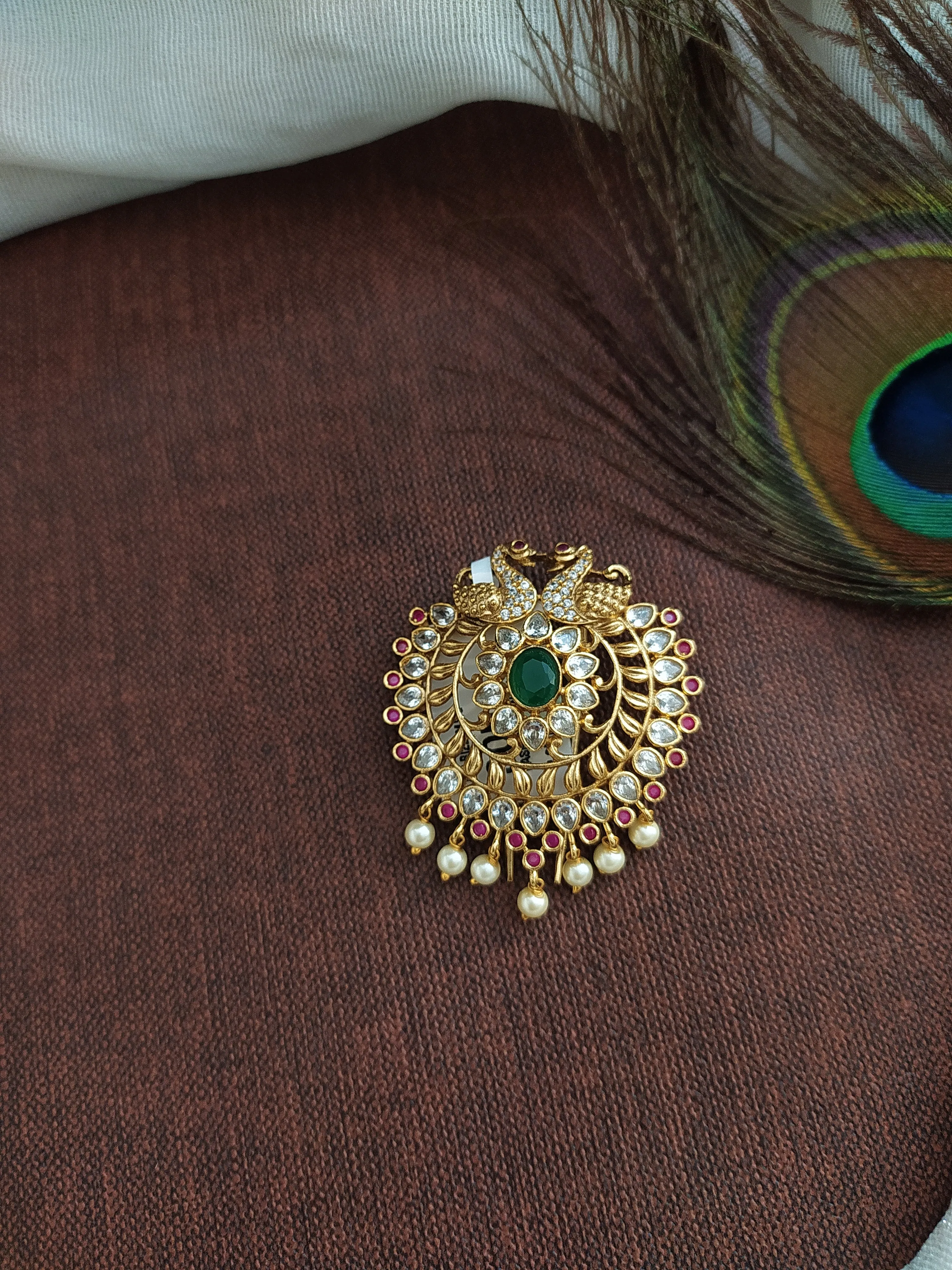Antique Kemp Stones Peacock Design Hair Choti (Brooch, Billa)