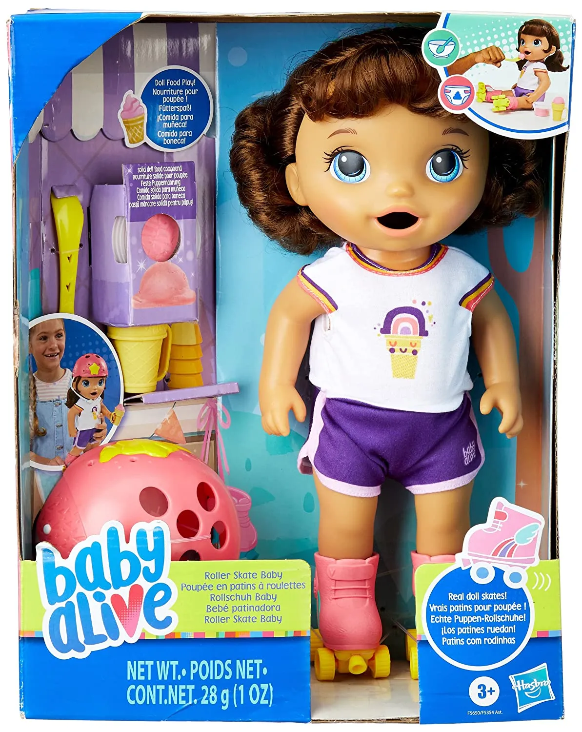 Baby Alive 12 Inch Roller Skate Brown Hair Doll, Eats and Poops Doll for Kids Ages 3 