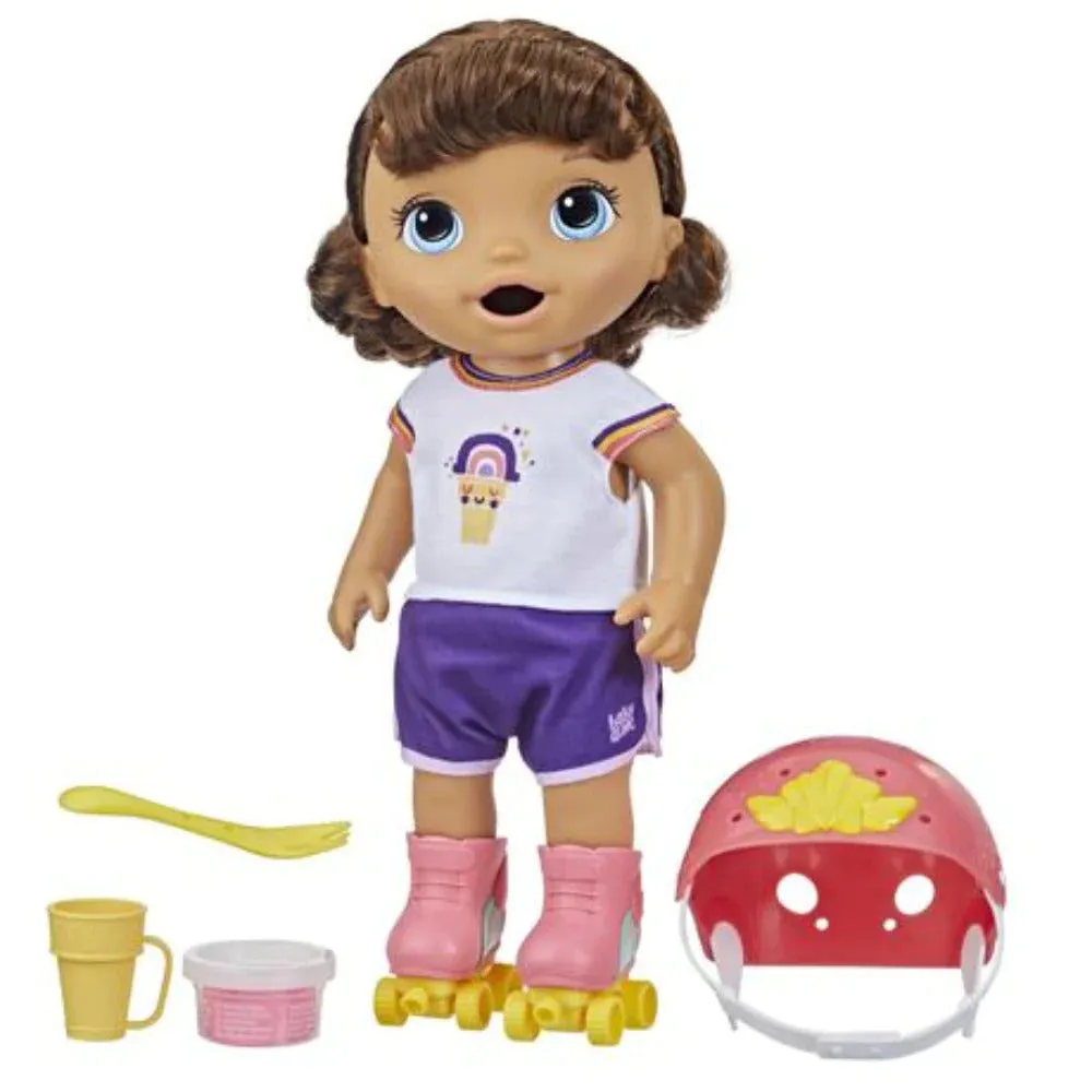 Baby Alive 12 Inch Roller Skate Brown Hair Doll, Eats and Poops Doll for Kids Ages 3 