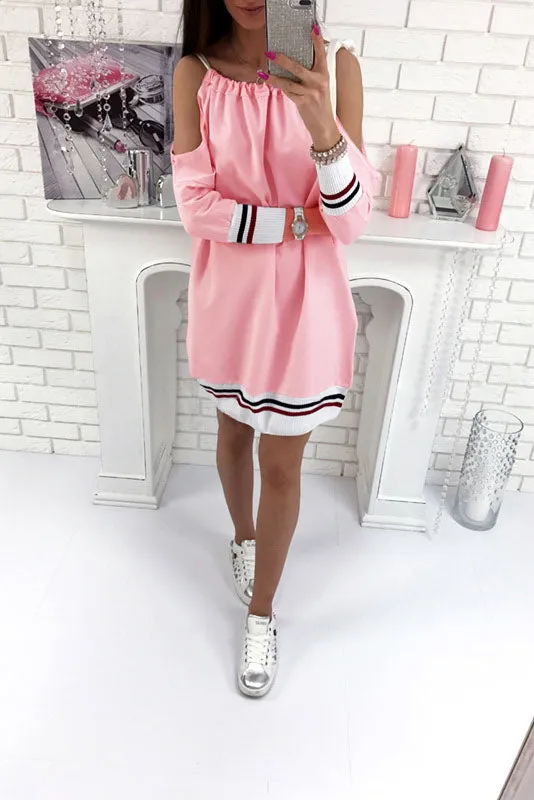 Bear Shoulder Scoop Long Sleeves Patchwork Short Dress