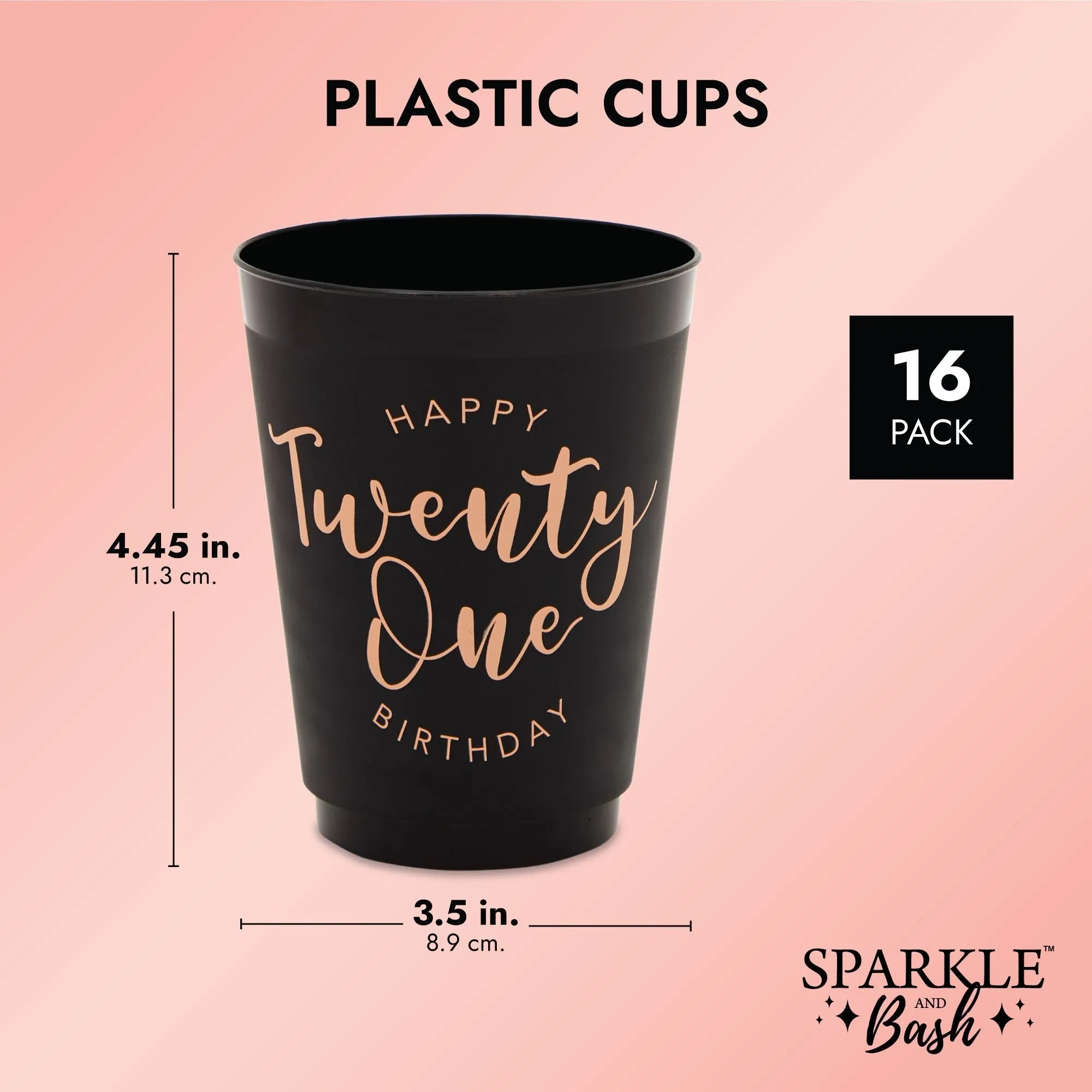 Black and Gold 21st Birthday Party Cups, Reusable Plastic Tumblers (16 oz, 16 Pack)
