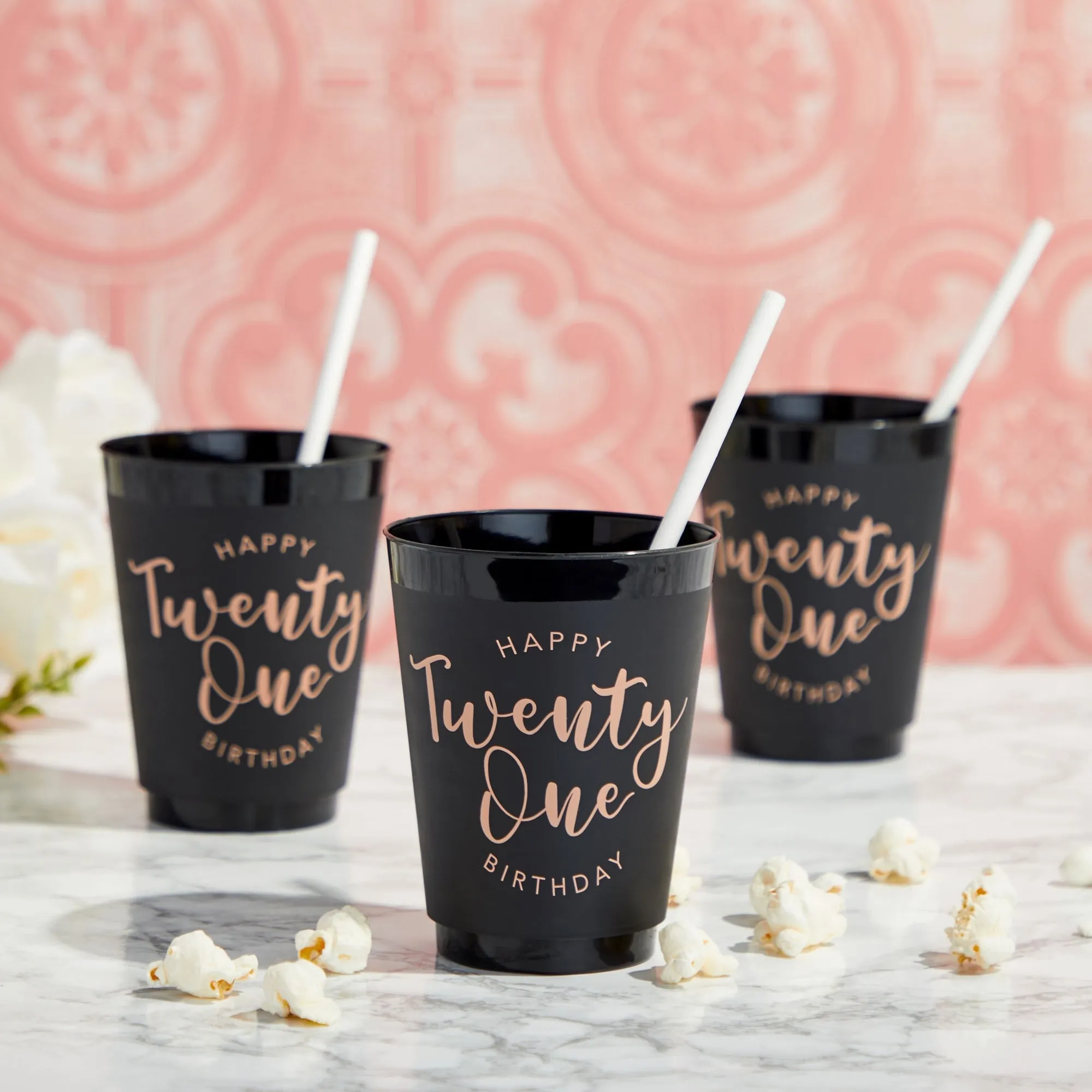 Black and Gold 21st Birthday Party Cups, Reusable Plastic Tumblers (16 oz, 16 Pack)