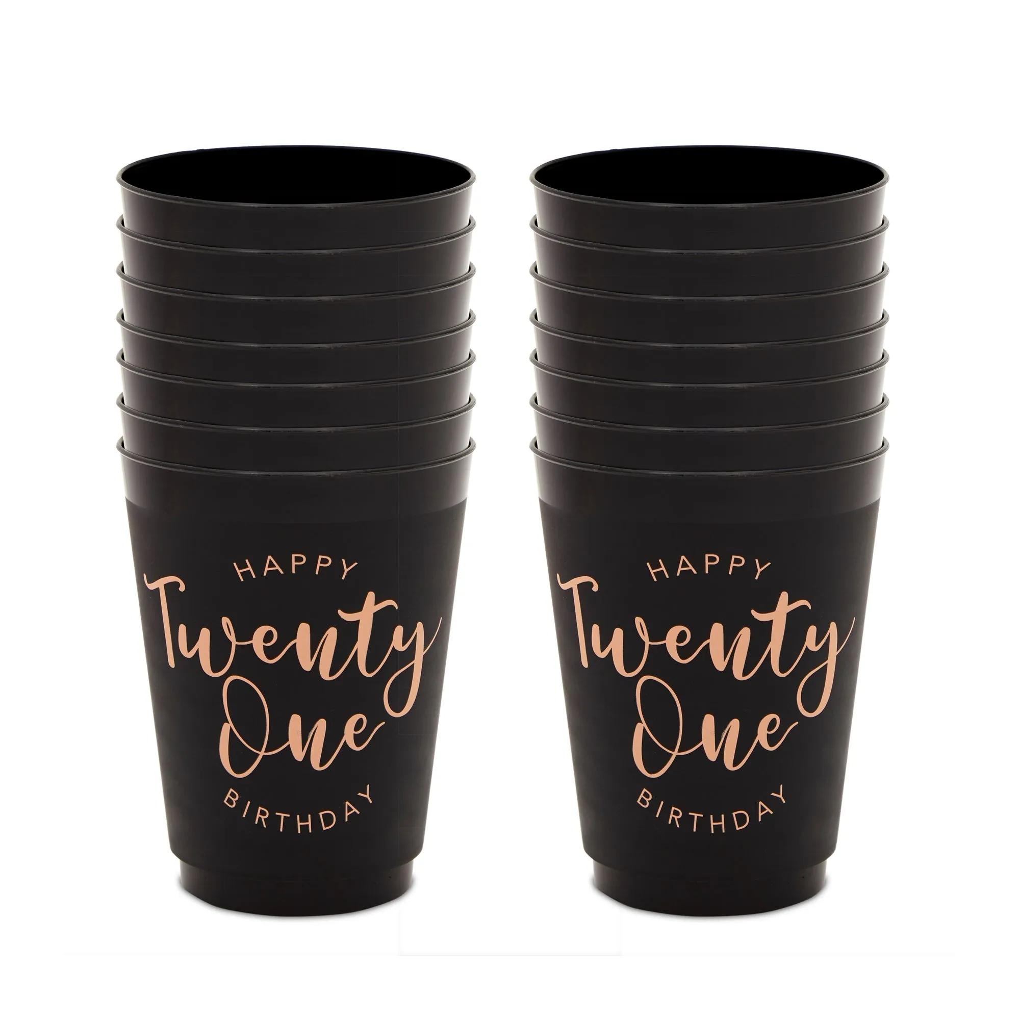 Black and Gold 21st Birthday Party Cups, Reusable Plastic Tumblers (16 oz, 16 Pack)