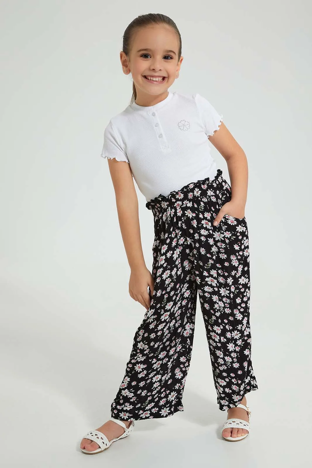 Black Floral Trouser With Hair Accessories