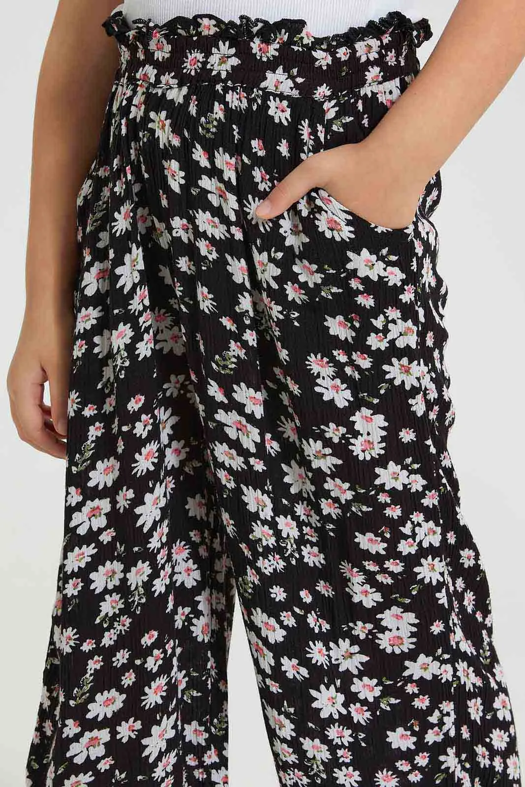Black Floral Trouser With Hair Accessories