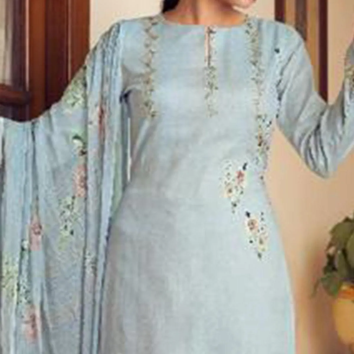 Blue Floral Digital Printed With Handwork Cambric Cotton Partywear Suit