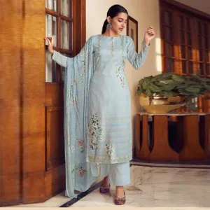 Blue Floral Digital Printed With Handwork Cambric Cotton Partywear Suit