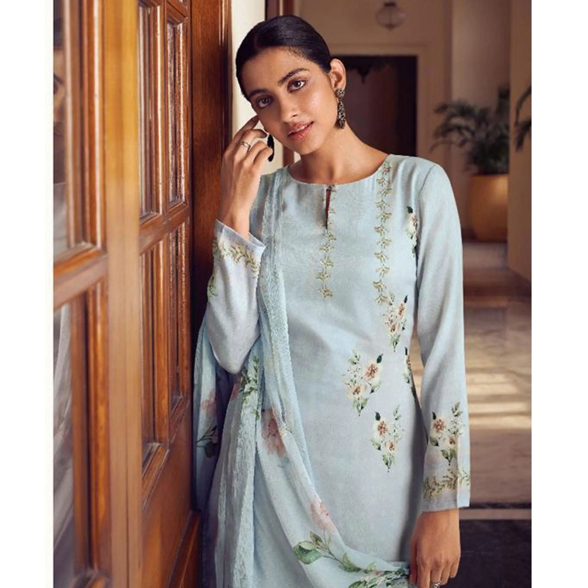 Blue Floral Digital Printed With Handwork Cambric Cotton Partywear Suit