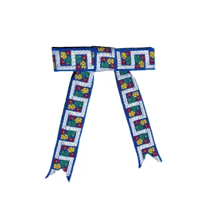 Blue Floral Geometric Vintage Woven Ribbon Hair Bow Clips