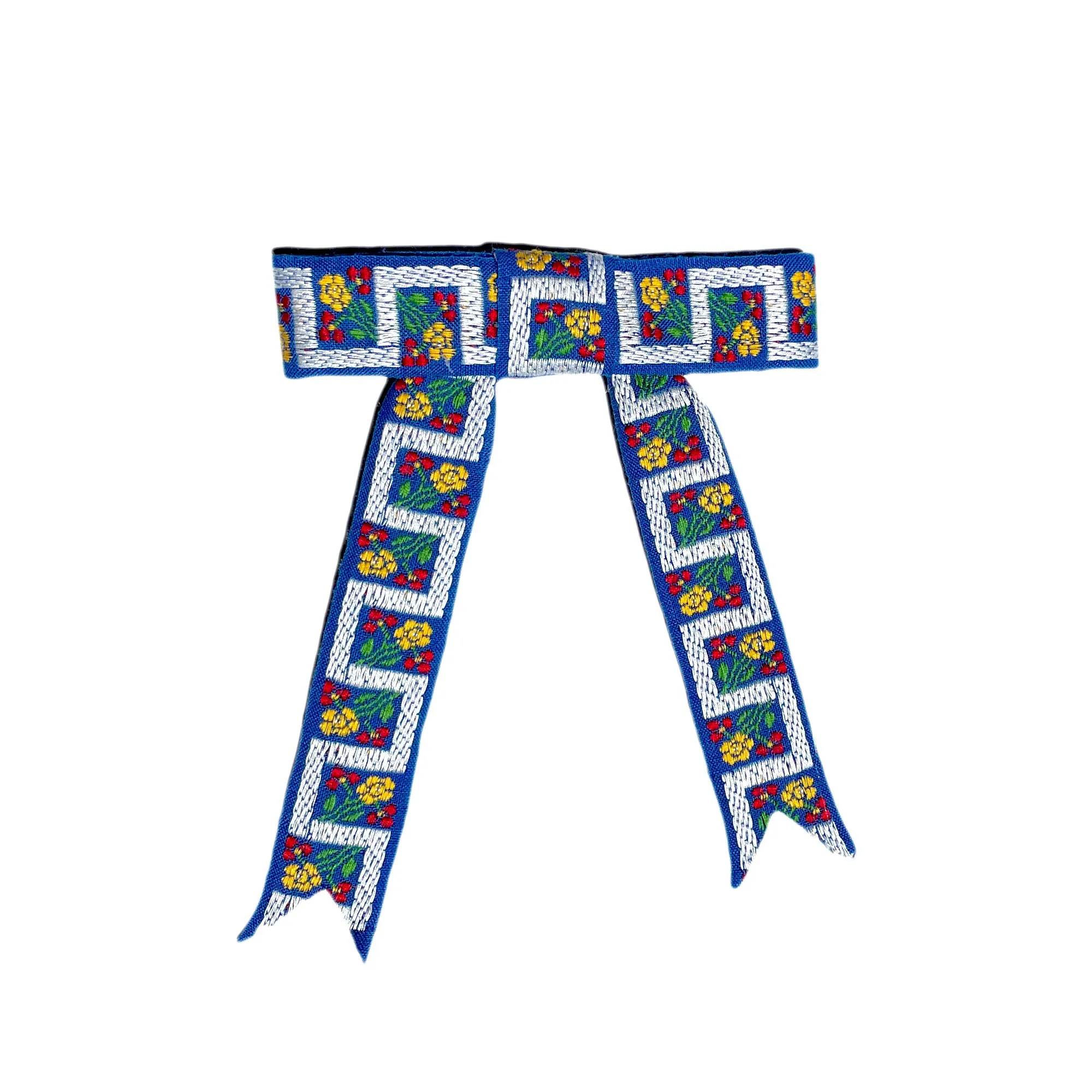 Blue Floral Geometric Vintage Woven Ribbon Hair Bow Clips