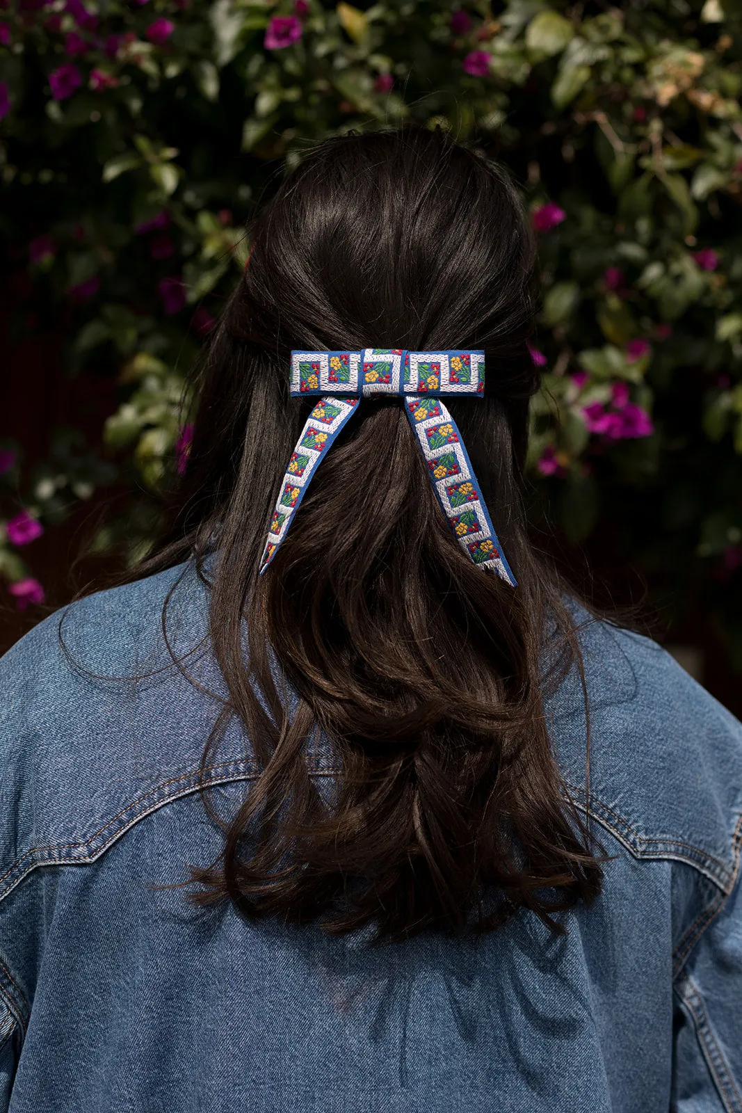 Blue Floral Geometric Vintage Woven Ribbon Hair Bow Clips