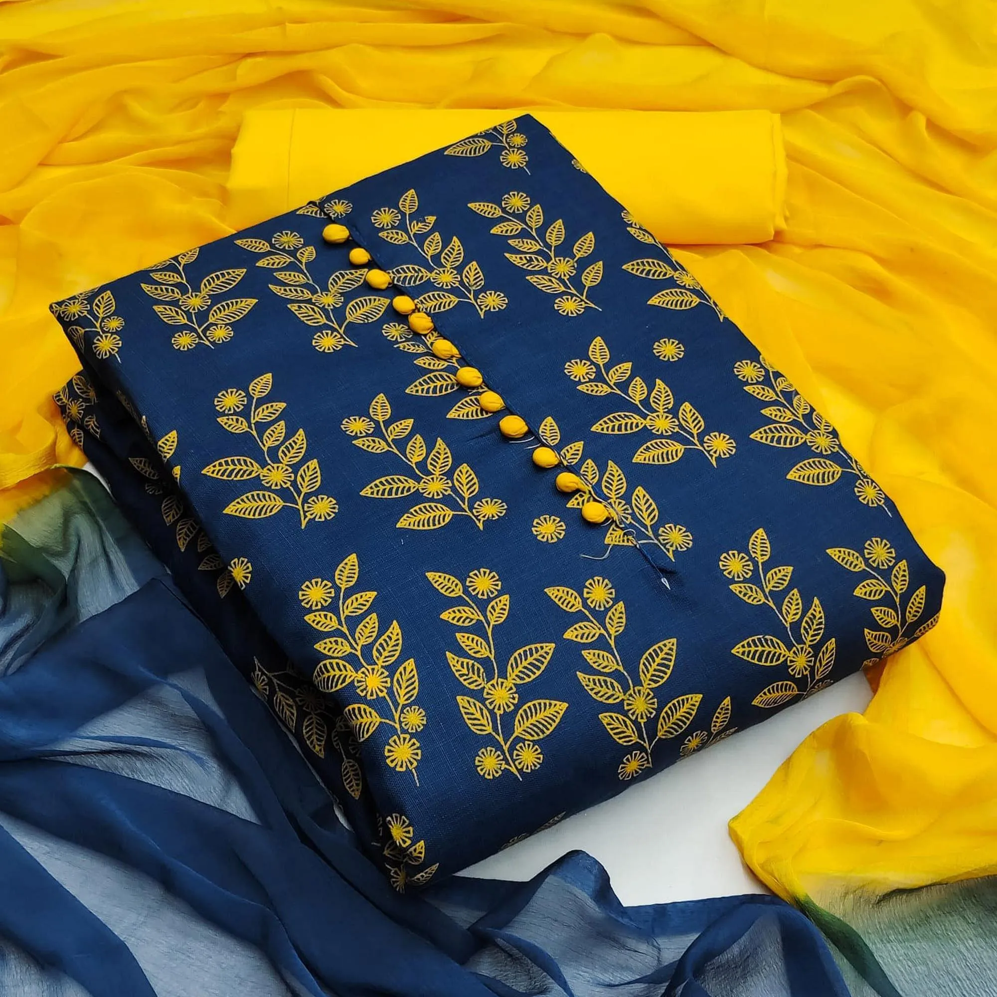 Blue Floral Printed Cotton Dress Material