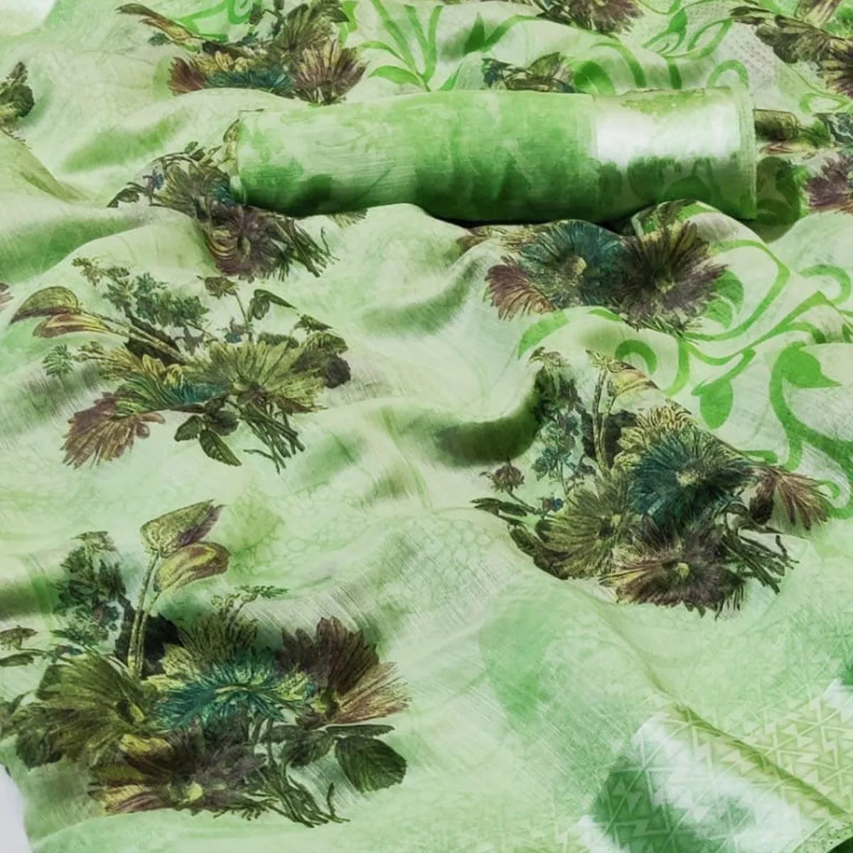Breathtaking Green Colored Casual Wear Floral Printed Linen Saree
