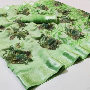 Breathtaking Green Colored Casual Wear Floral Printed Linen Saree