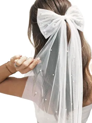 Bridal Veil Bachelorette Party Veil White Bow Wedding Veil Elegant Tulle Layer Hair Clip for Women and Girls