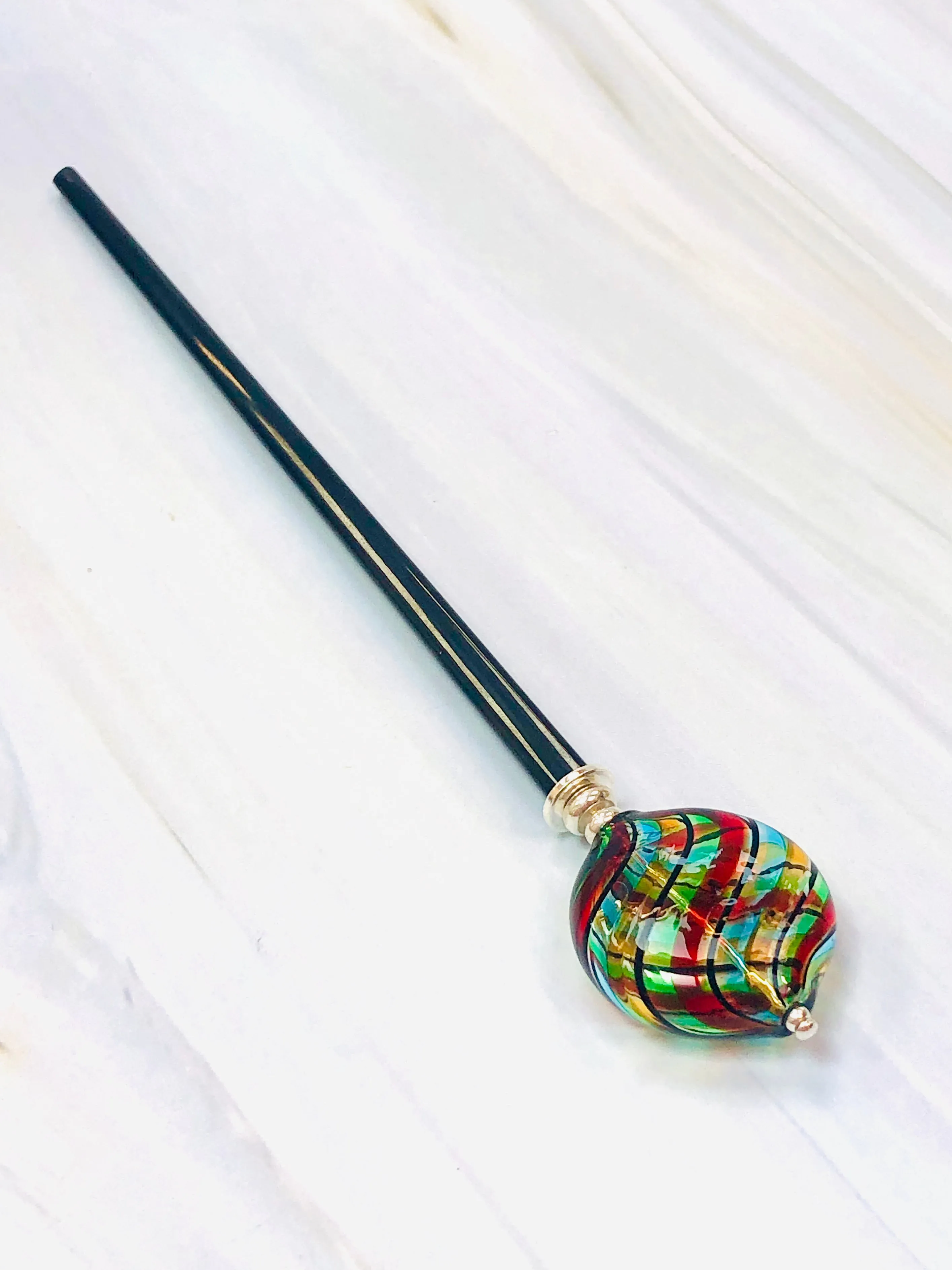 Carnival Blown Glass hair stick, hand made hair stick, shawl pin
