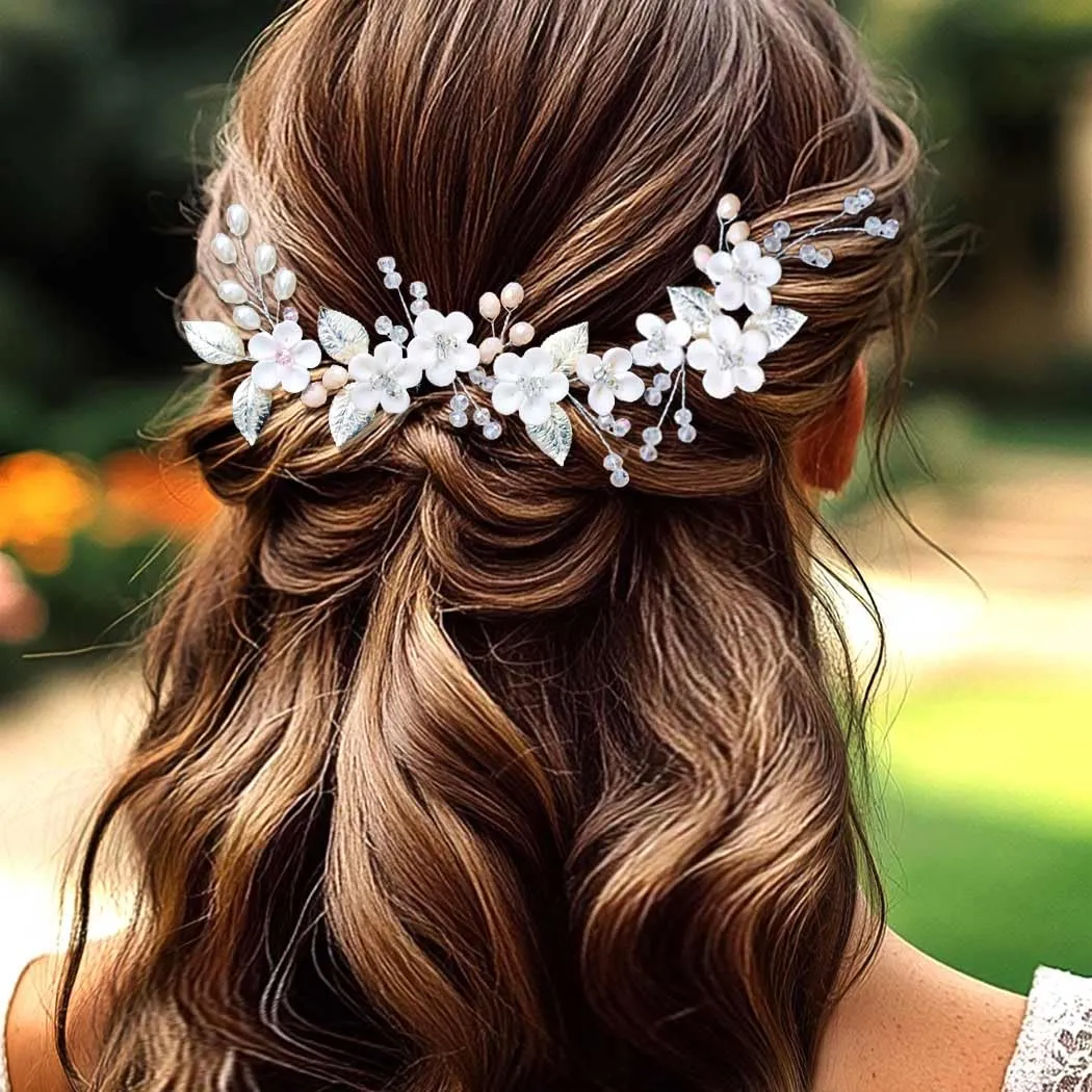 Casdre Flower Bridal Hair Pins Pearl Bride Wedding Hair Accessories Rhinestone Hair Piece for Women and Girls(Pack of 3) (A Silver)