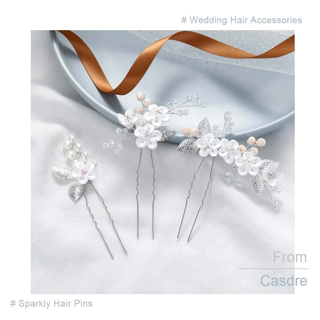 Casdre Flower Bridal Hair Pins Pearl Bride Wedding Hair Accessories Rhinestone Hair Piece for Women and Girls(Pack of 3) (A Silver)