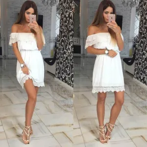 Clearance Off Shoulder Lace Patchwork Pure Color Short Dress