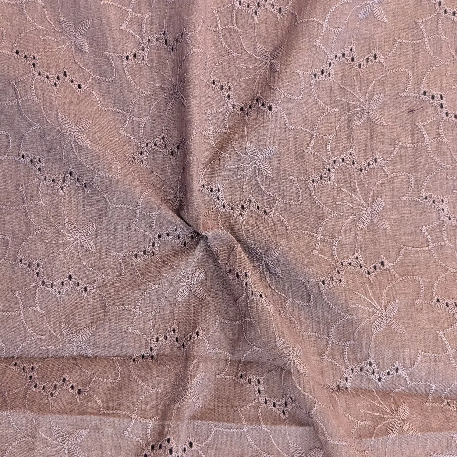 Coffee Brown Floral Hand Dyed Cotton Embroidered Fabric