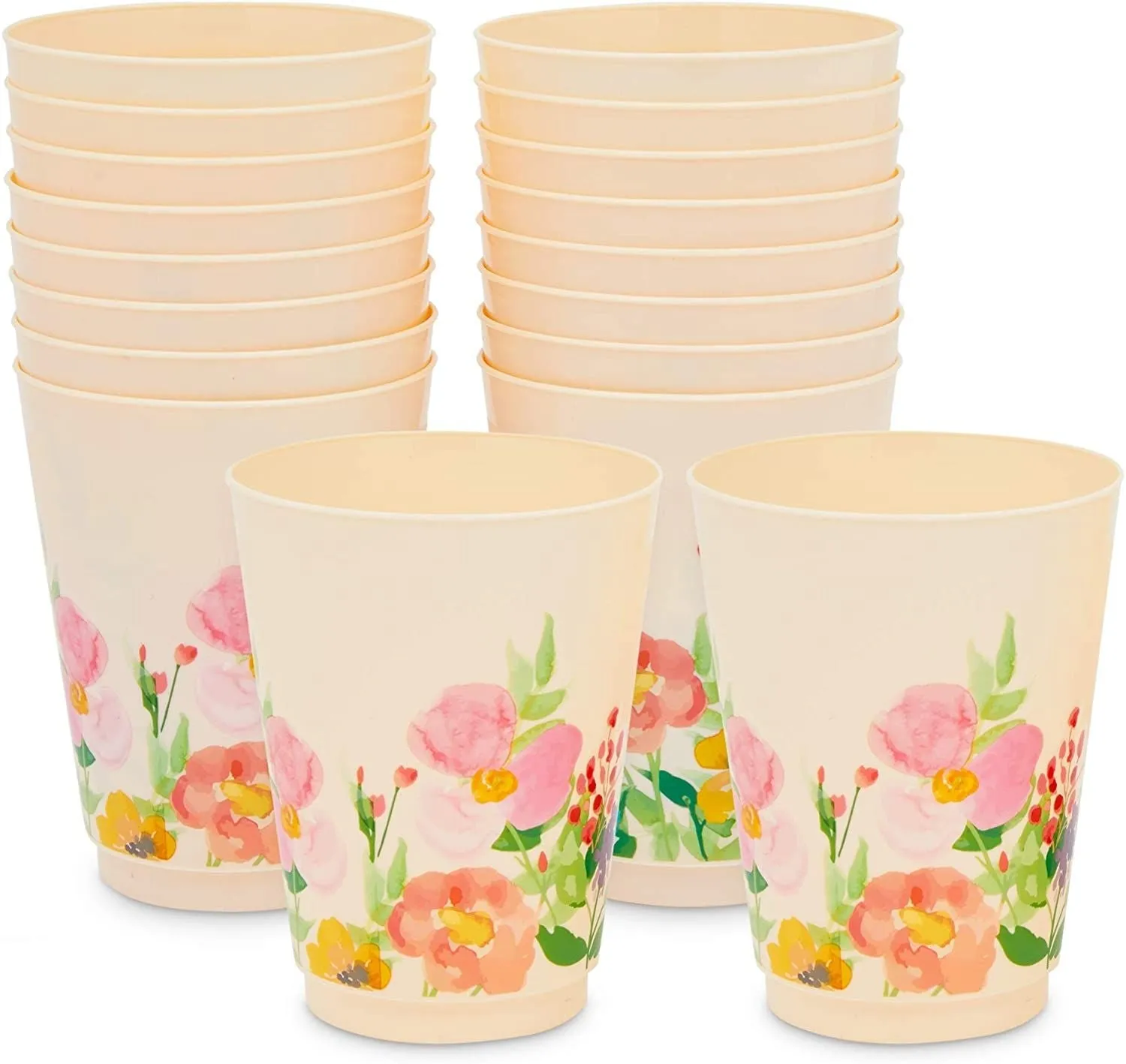 Coral Flower Plastic Tumbler Cups, Floral Party Decorations (16 oz, 16 Pack)