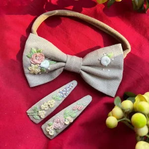 Cotton Linen Bow Headband & Hair Pin for Baby | Beige