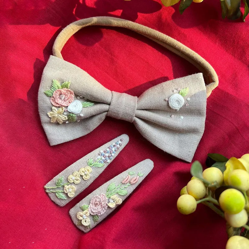 Cotton Linen Bow Headband & Hair Pin for Baby | Beige
