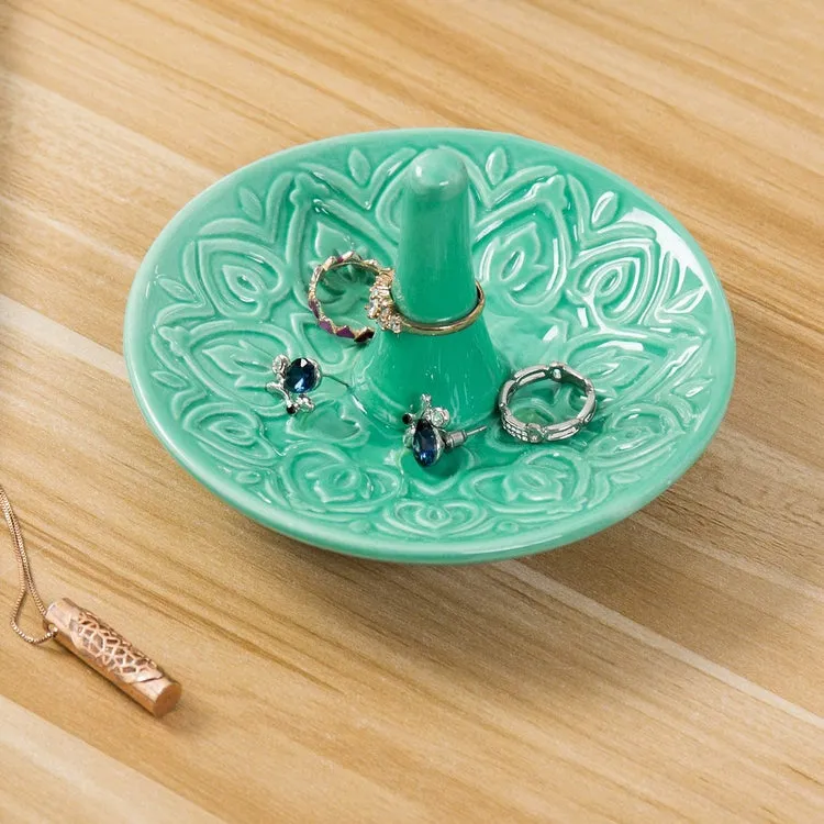 Decorative Embossed Heart Design Turquoise Jewelry Holder, Ceramic Ring Dish