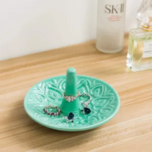 Decorative Embossed Heart Design Turquoise Jewelry Holder, Ceramic Ring Dish