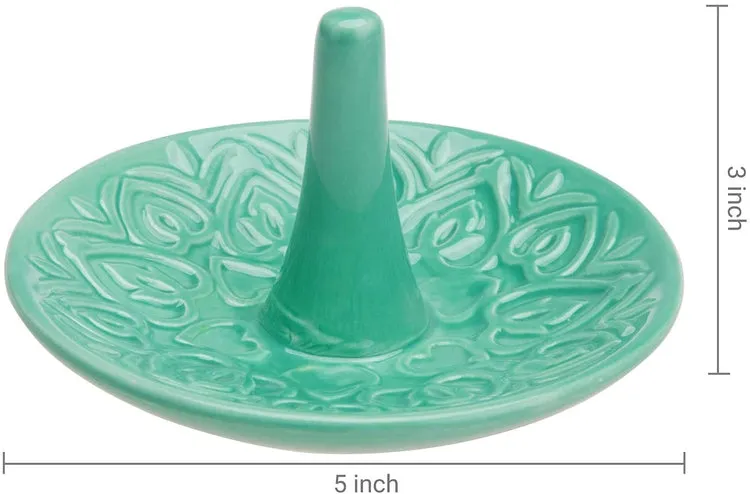 Decorative Embossed Heart Design Turquoise Jewelry Holder, Ceramic Ring Dish