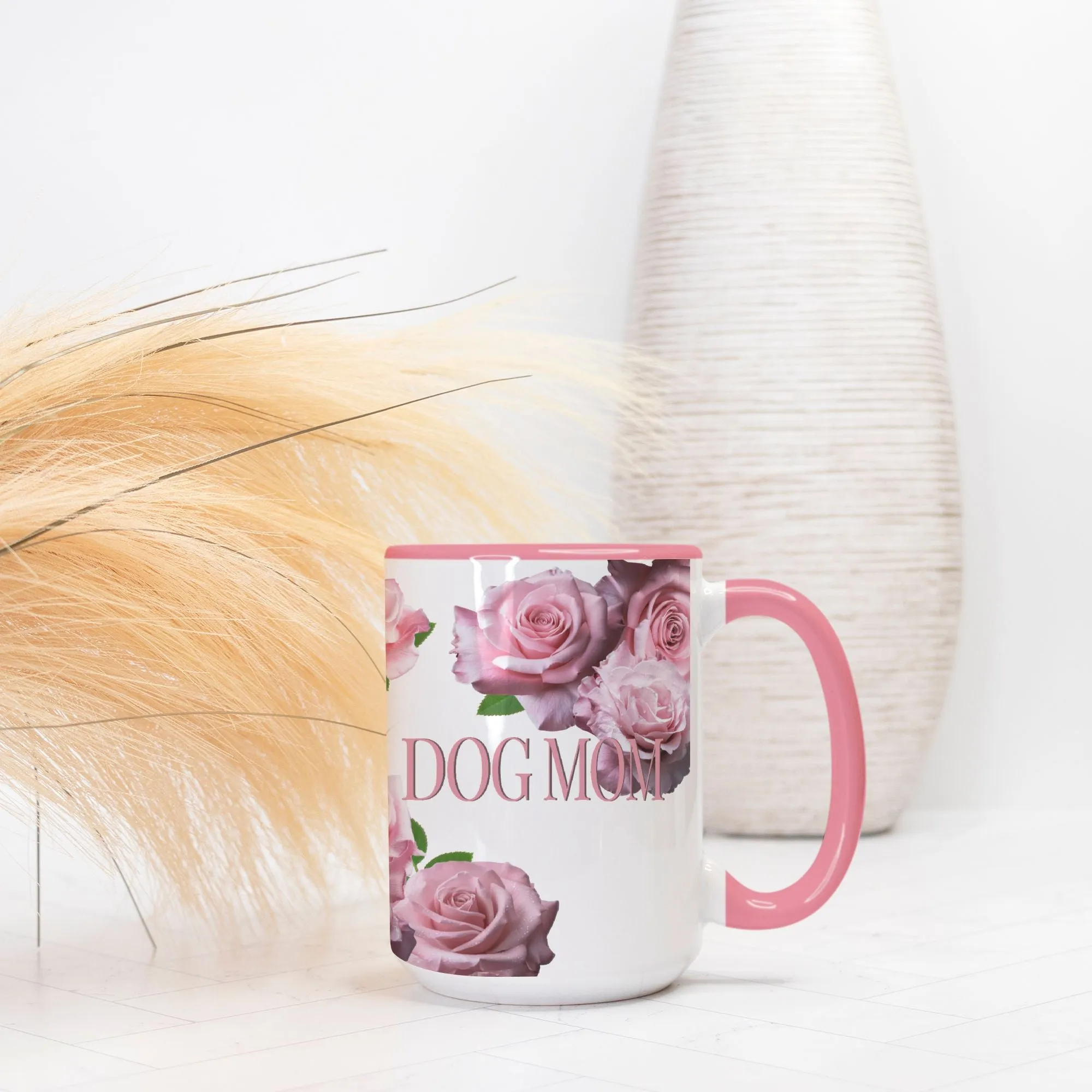 Dog Mom Pink Rose Two-Tone Ceramic 15 Ounce Ceramic Coffee Mug