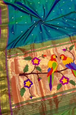 Exquisite Blue Shot Handloom Paithani Pure Silk Saree: Timeless Elegance