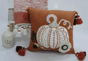 Fall Pumpkin Embroidered Tassel Pillow with Insert