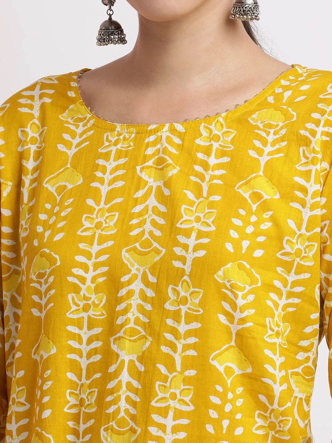 Festive Floral Printed Cotton Kurta Set With Dupatta