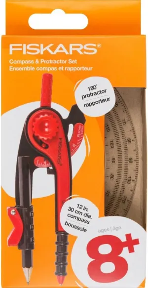 Fiskars Plastic Compass and Protractor Set - Math Geometry Set for Kids 8  - Back to School Supplies - Includes Pencil - Color May Vary