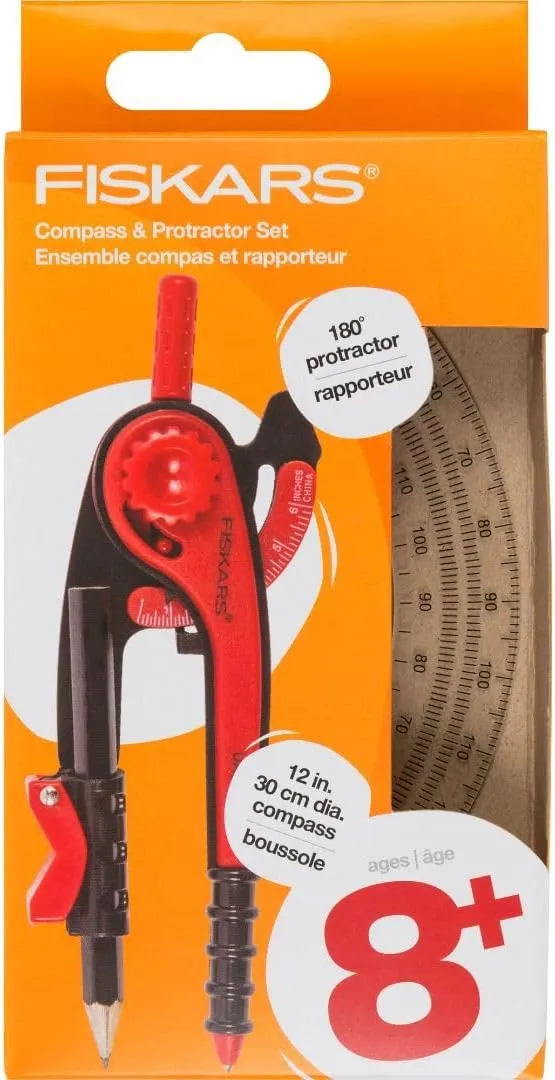 Fiskars Plastic Compass and Protractor Set - Math Geometry Set for Kids 8  - Back to School Supplies - Includes Pencil - Color May Vary