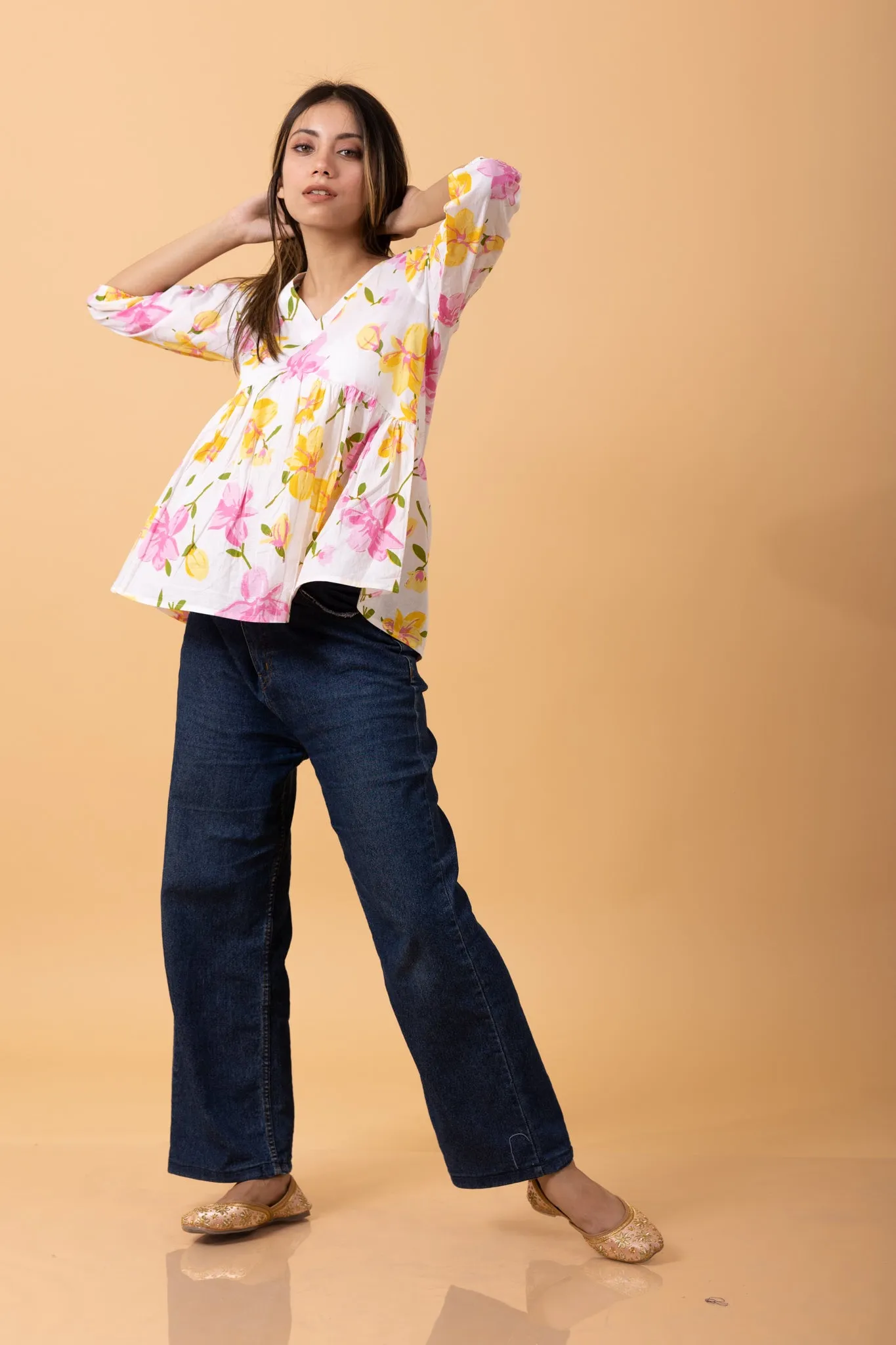 Floral 100%Cotton printed Short Kurti/top