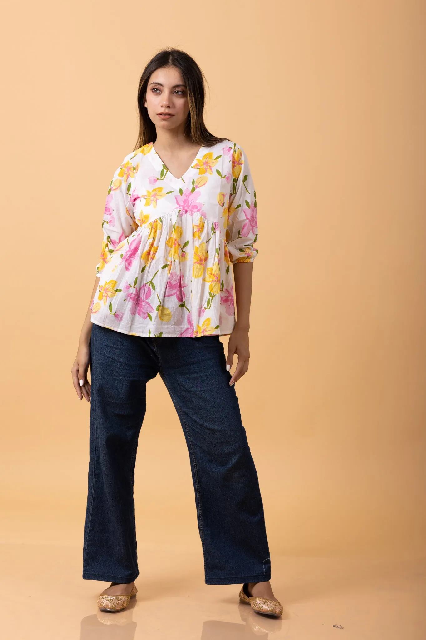 Floral 100%Cotton printed Short Kurti/top