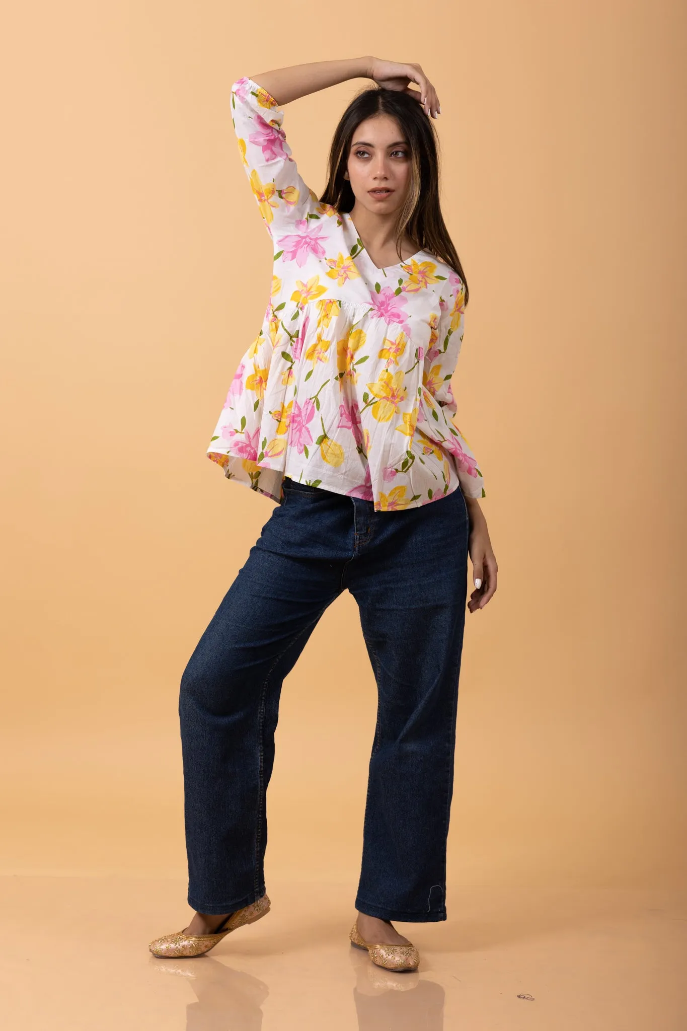 Floral 100%Cotton printed Short Kurti/top