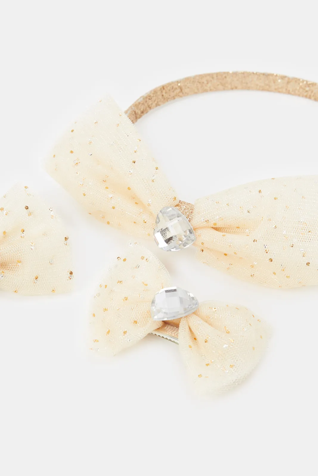 Girls Beige Bow Headband And Hair Clip Set (3 Piece)