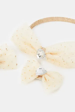 Girls Beige Bow Headband And Hair Clip Set (3 Piece)